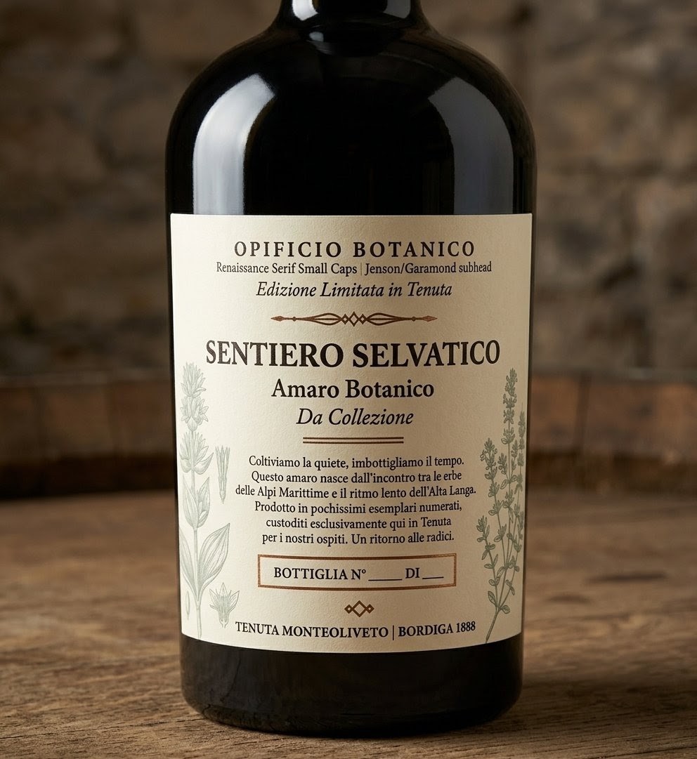Bottiglia di Sentiero Selvatico con etichetta botanica